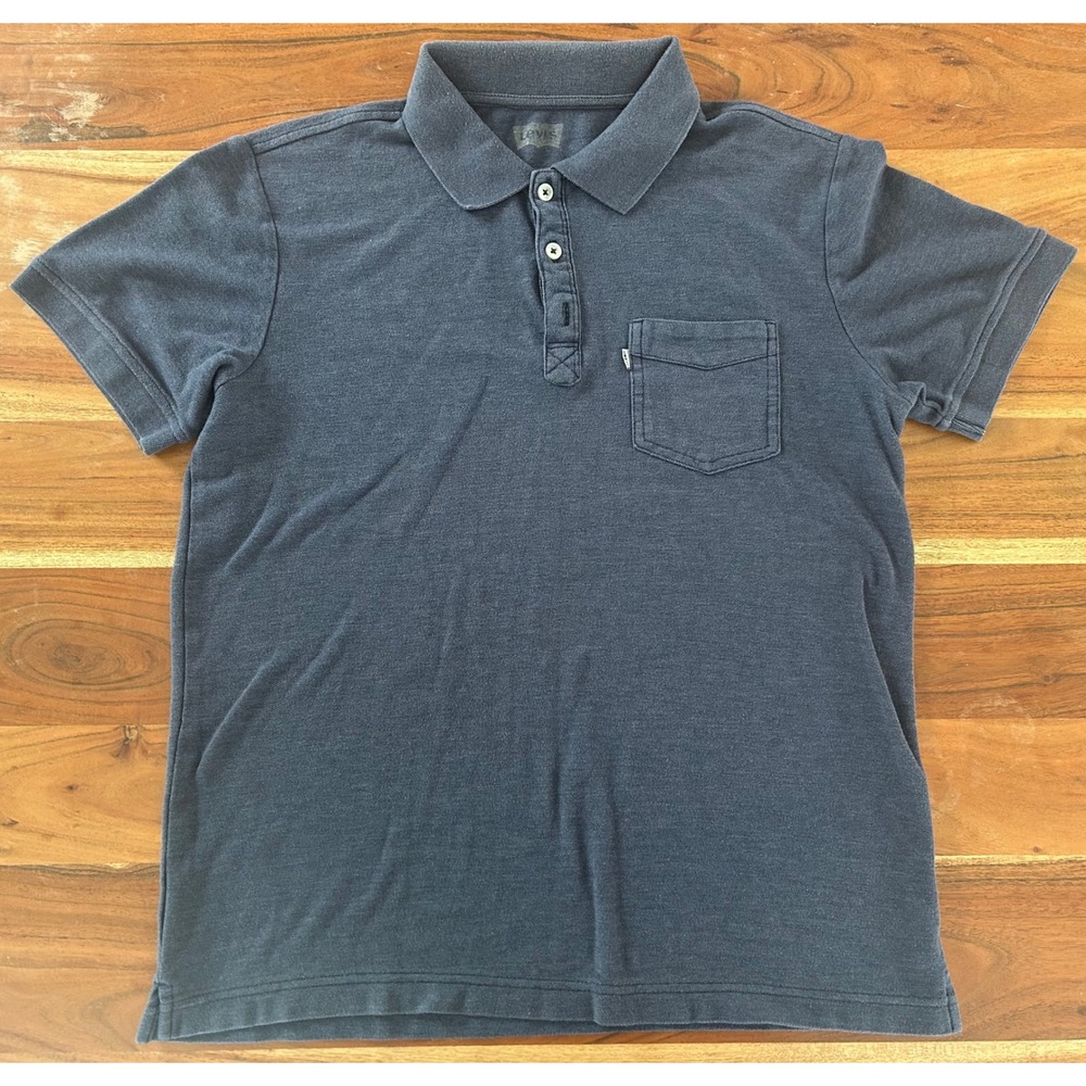Levis Mens Small Navy Blue Pique Short Sleeve Pocket Polo Shirt Cotton Blend